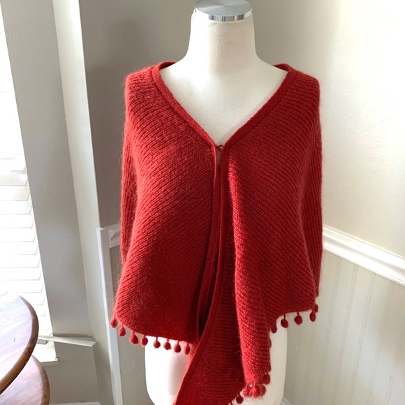 Anthropologie Sweaters - Anthropologie brick red Pom Pom poncho shawl OSFM